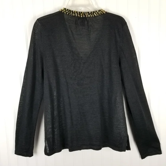 Evie Womens Soft Linen Long Sleeve V Neck Top Size L Black Embellished Neckline - Picture 7 of 11